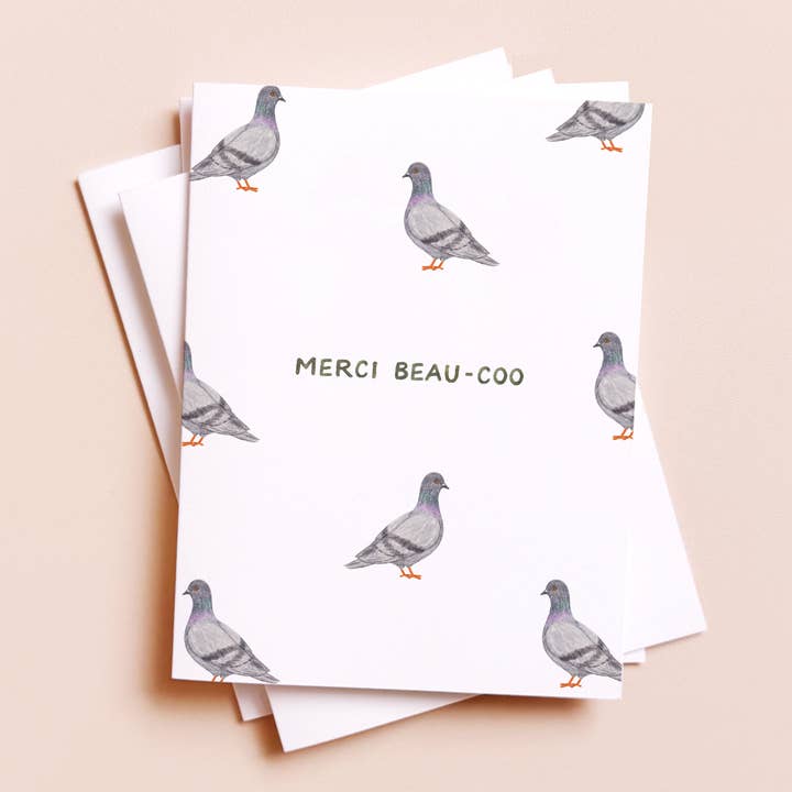 Amy Zhang - Wholesale Thank You Card - Merci Beau-coo Pigeon — French Pun Thank You Card0