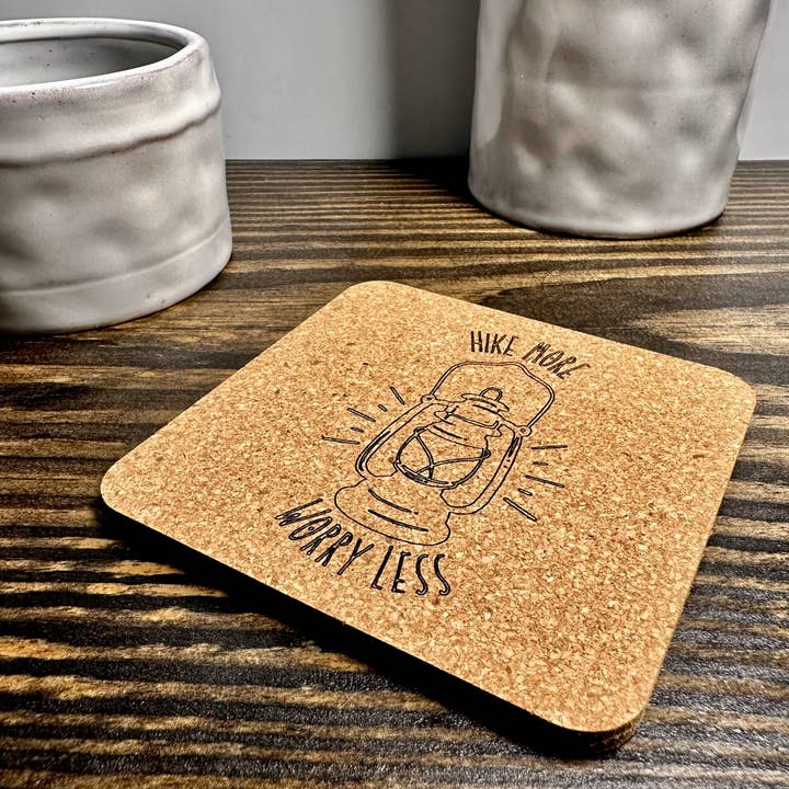 Hike More Worry Less Cork Coaster for wholesale by Mountain Maryland Trading Post