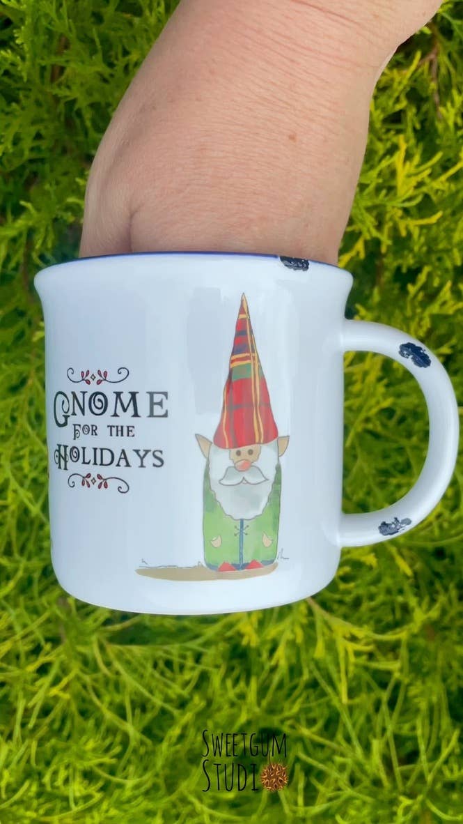 Sweetgum Studio - Wholesale Coffee Mug - Stoneware Distressed Mug with Blue Trim 14 oz.16