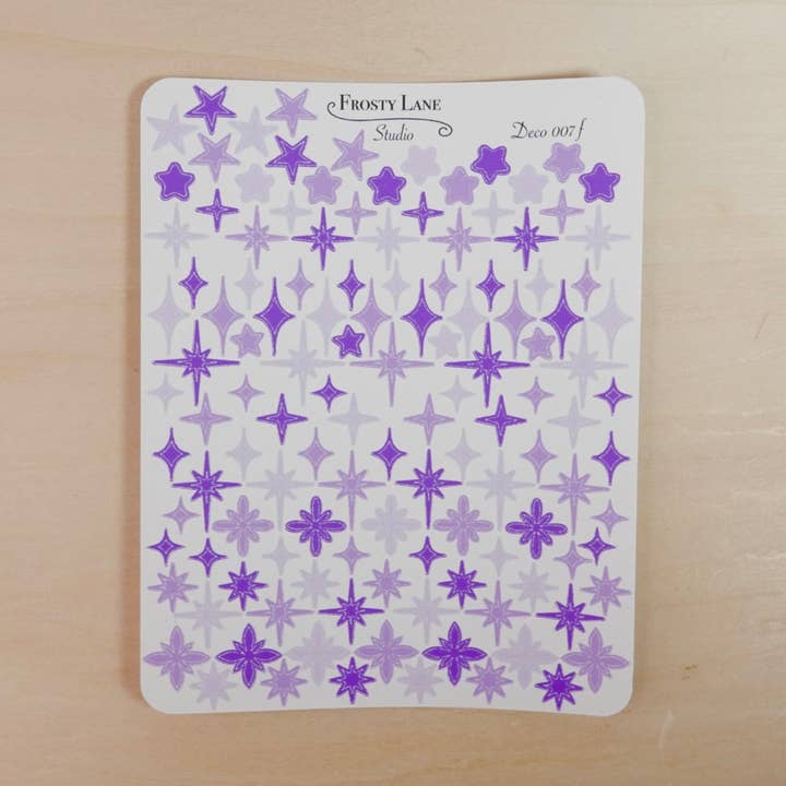 Deco007.f. Lila stjärnor och gnistrande cirkelkontur klistermärkesark för wholesale av Frosty Lane Studio LLC