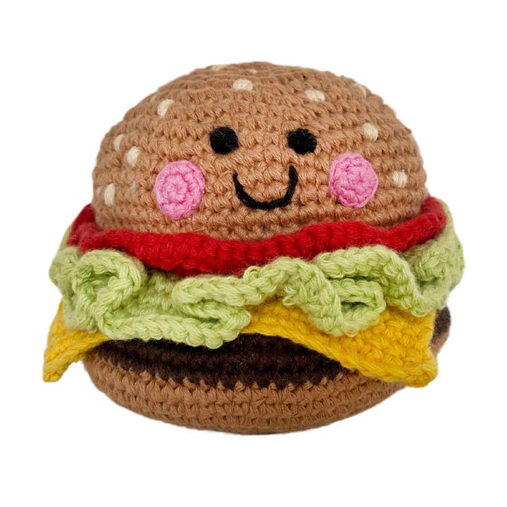 Handmade Juicy Cheeseburger Baby Rattle – Organic Cotton Toy for wholesale by Pebble