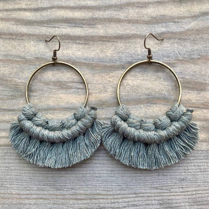 Large Statement Fringe Earrings - Army Green & Bronze for wholesale by HK Macrame Jewelry
