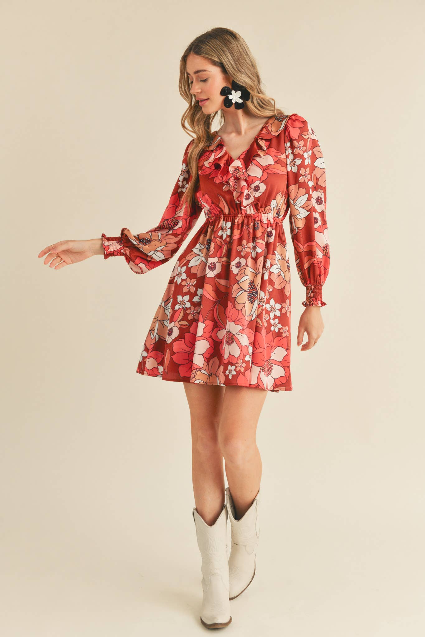 BRICK MULTI FLORAL EXCLUSIVE PRINT RUFFLE TRIM MINI DRESS MDR2675 for wholesale on Faire9