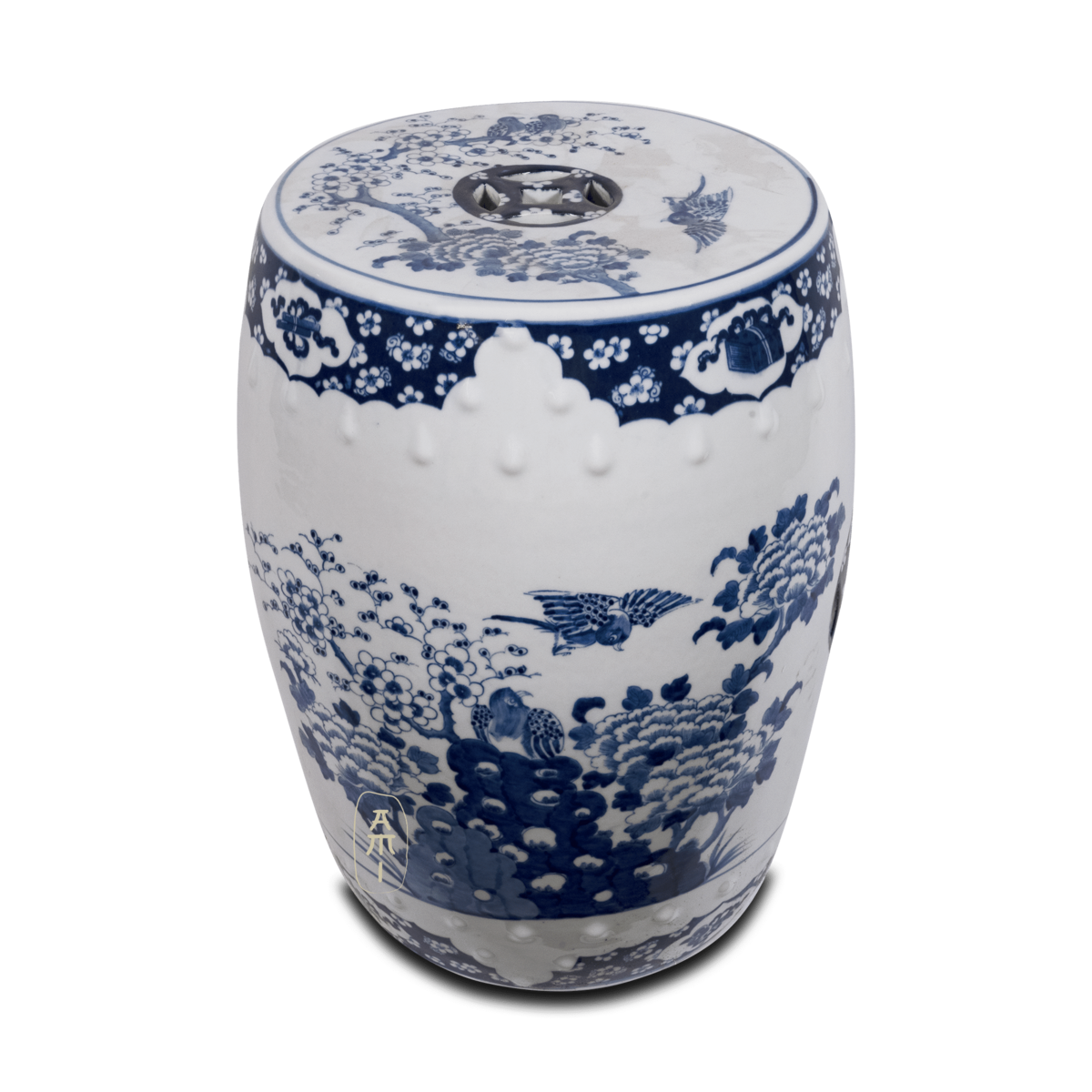 Asian Mix Interior - Vente Tabouret - Tabouret de jardin en céramique blanc et bleu fleurs et oiseaux4