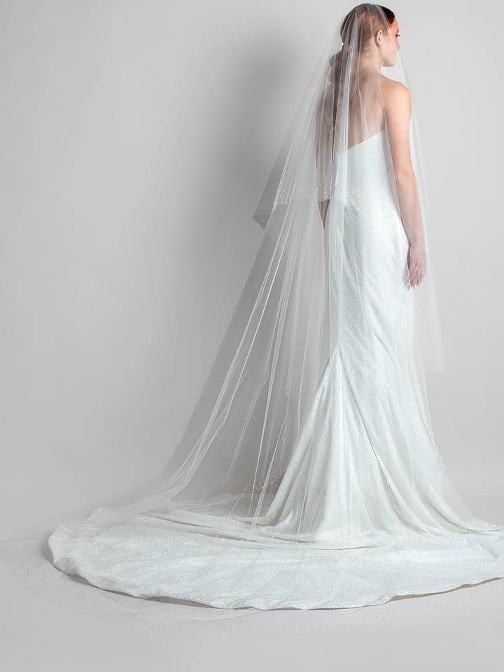 Makenna Two-Tier Pearl Trimmed Cathedral Veil for wholesale by Ariel Taub