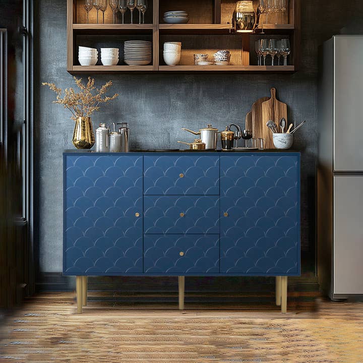 Urban Meuble - Wholesale Cabinet - High sideboard with 2 doors and 3 navy blue drawers with scale pattern H82/B120/T40 AIKETS6
