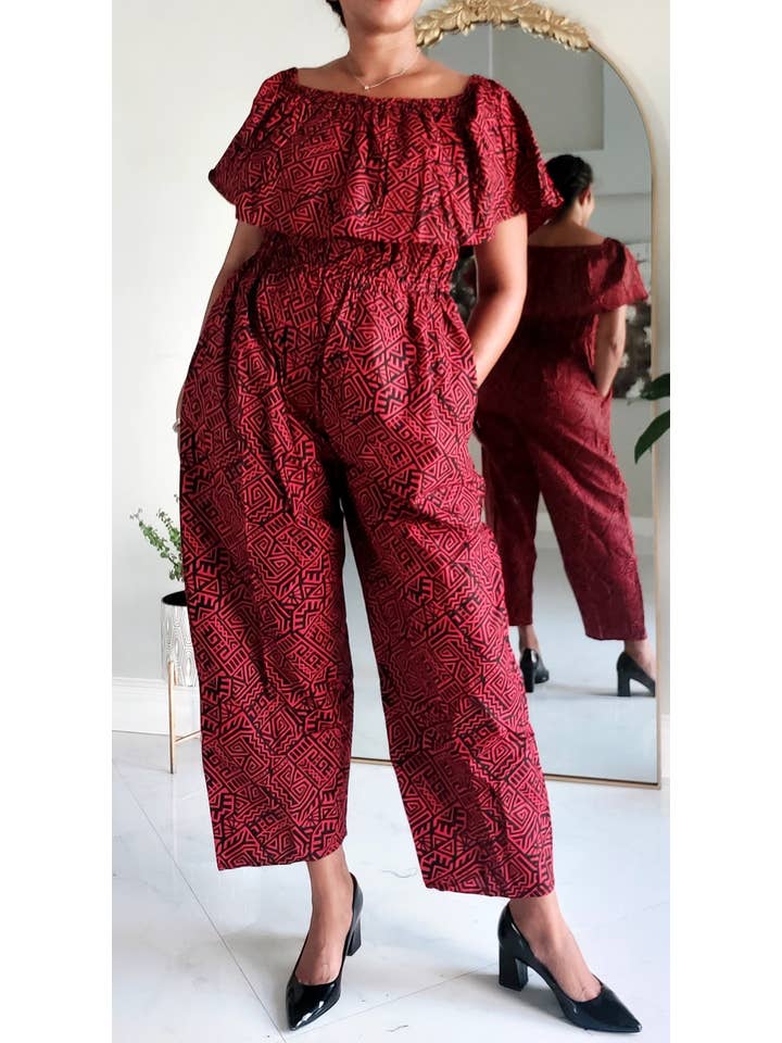 India Batik - Wholesale Jumpsuit - Women's - Full Romper / Junpsuit Red/Black -1123