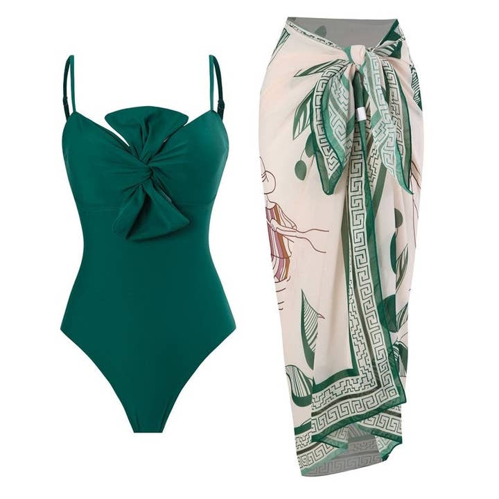 Plush Looks - Wholesale Two Piece Swimsuit - Women's - Solid Color One Piece Swimsuit With Floral Print Skirt Set
