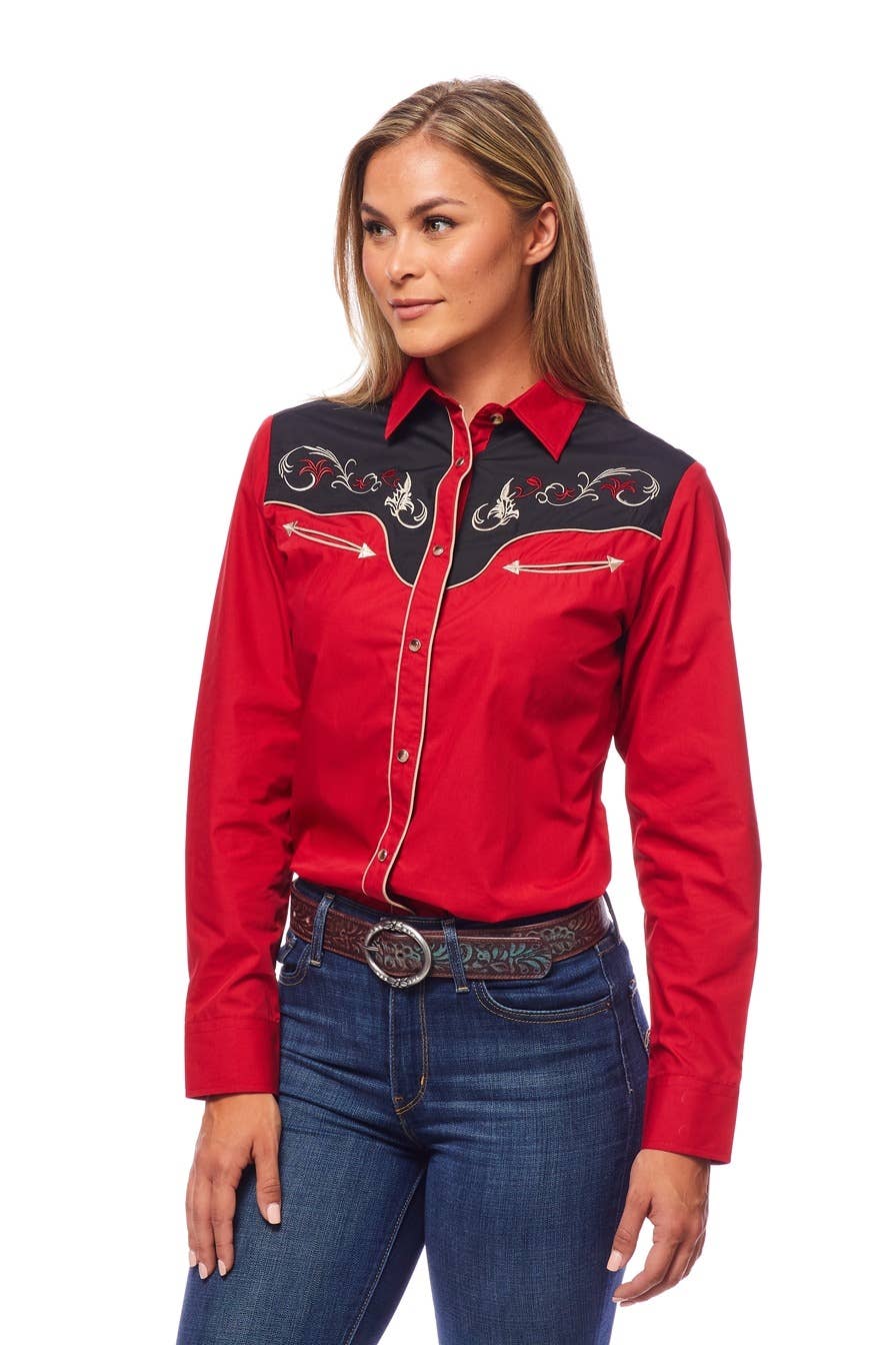 Rodeo Clothing - Vente Chemise à col boutonné – femme - Robe brodée à manches longues d'inspiration western pour femmes60
