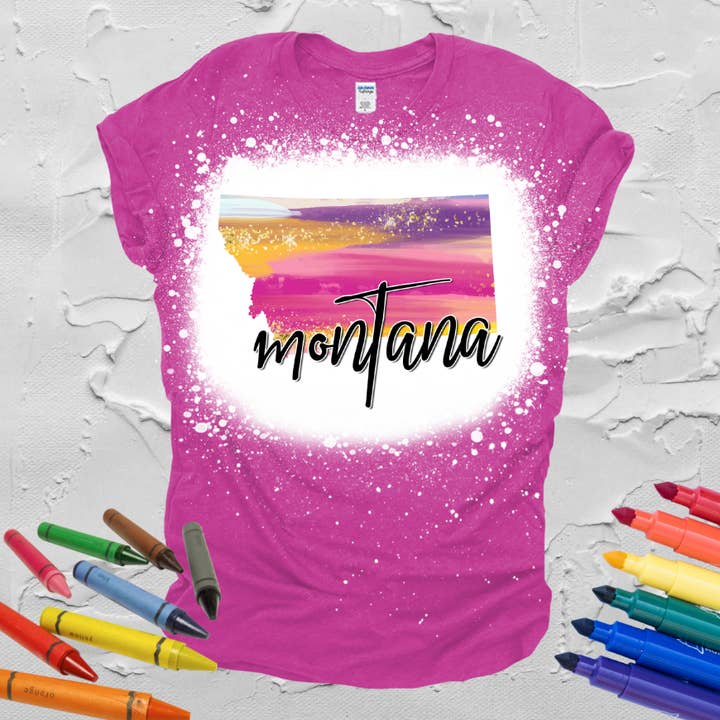 Pastel aquarel Montana afbeelding op Heather Berry Tee voor wholesale door Ink'd Worx by Design