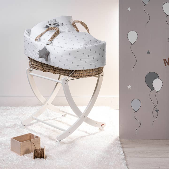 PICCI - Wholesale Bassinet - Baby - PALM MOSES BASKET with cover - VALDO WHITE GREY STARS