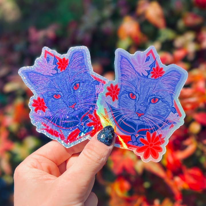 Adesivo olografico Boucats per gatti | Illustrazione di gatti di Deej per la vendita all'ingrosso da parte di Catnip and Kittens