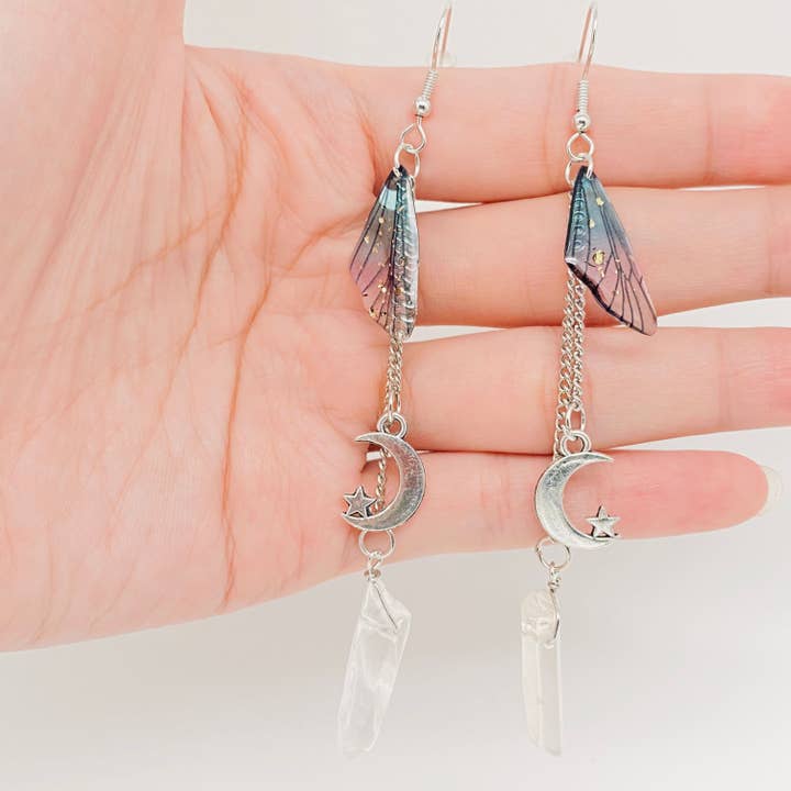 Butterfly Wings Long Chain Crystal Pendant Earrings for wholesale by Mio Queena