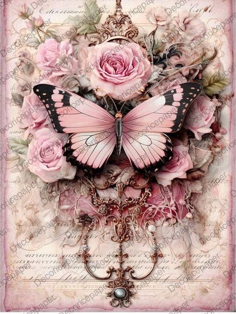 DRP161 - Papillon rose avec roses - Papier de riz A4 pour la vente par Decoricepaper