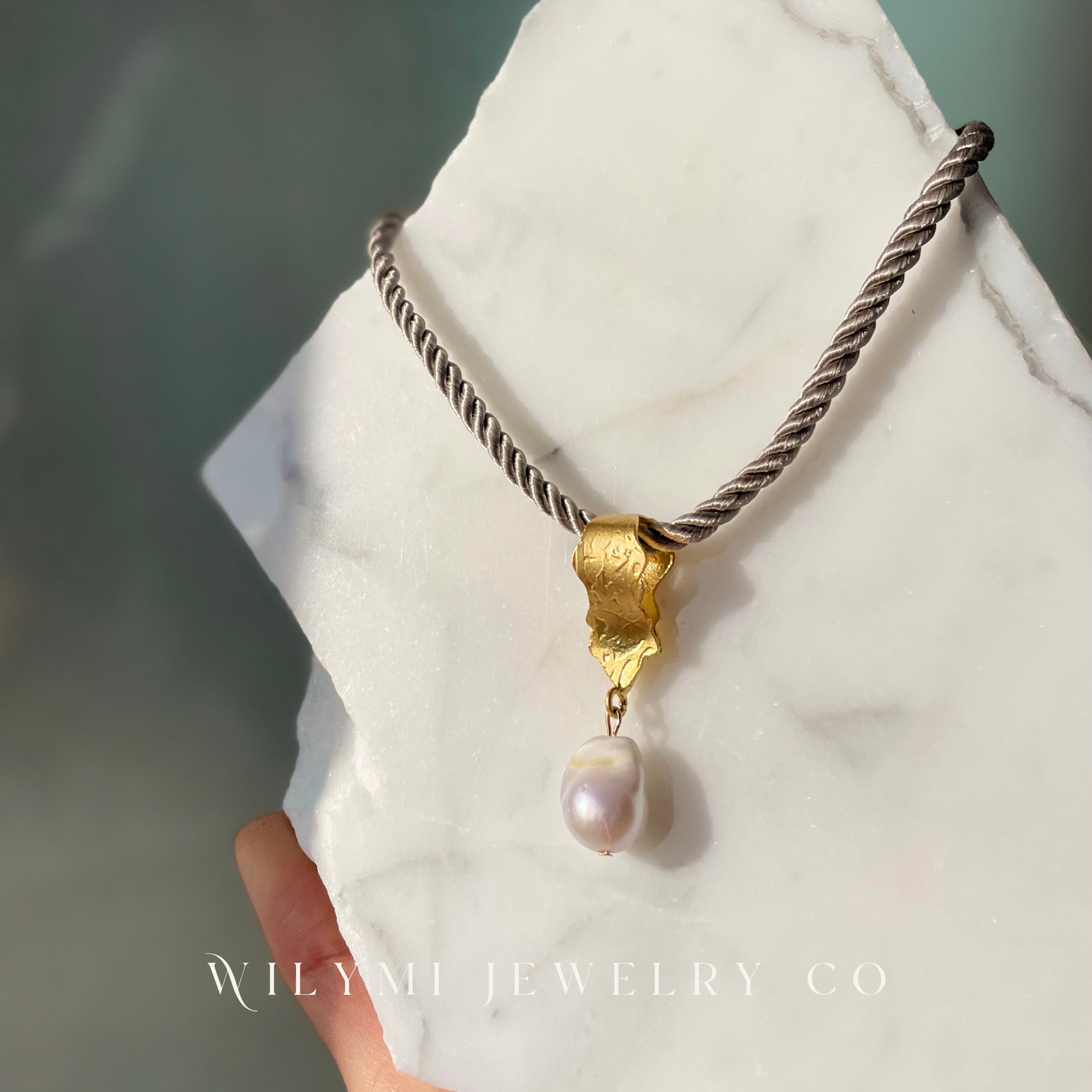 WILYMI Jewelry Co – wholesale Choker/collar – Grey Silk Braided Rope + Pearl Choker | 24k GP | Adjustable6