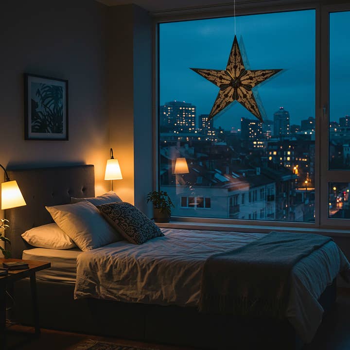 Artschatz LLC - Wholesale Paper Lantern/Lamp - Marrakesh ~5 P, 24", Black / Cyan Paper Star Light1