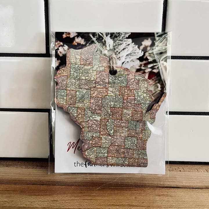 The Farmer's Wife – Großhandel Verzierung – Wisconsin-Kartenornament – Vintage-Staat-Weihnachtsbaumdekoration, rustikales Ahornholz-Urlaubsornament, handgefertigtes Wisconsin-Geschenkdekor2