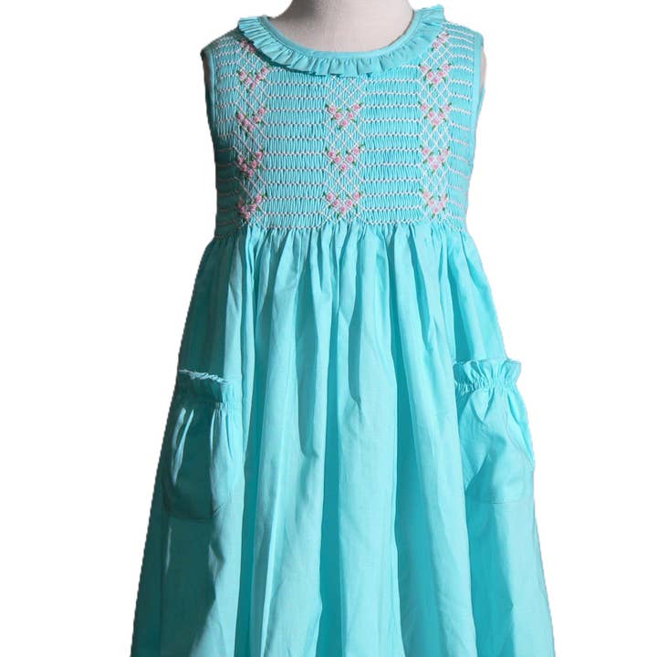 Blue Geometric Smocked with Roses Sleeveless Dress for wholesale by Hello Bebes!
