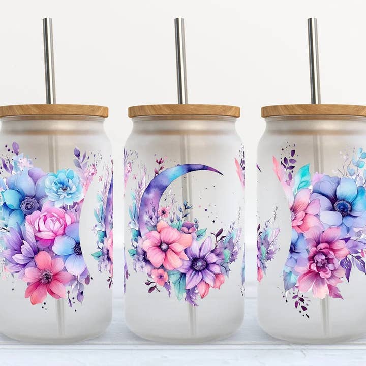 Purple Moon & Florals 16oz Libbey Glass Frosted Tumbler for wholesale by Kate Haven Glass Tumblers for Every Occasion