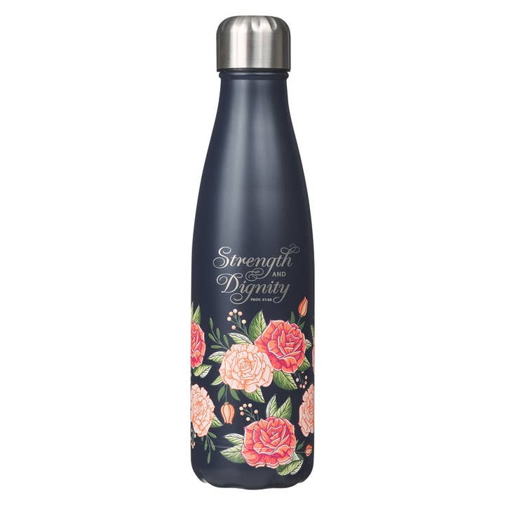 Water Bottle SS Navy Floral Strength & Dignity Prov. 31:25 for wholesale by Christian Art Gifts