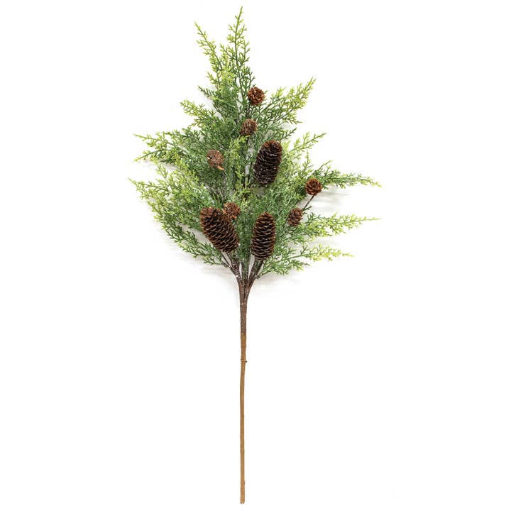 Saybrook Lane - Wholesale Artificial Plant - Glistening Weeping Cedar & Pine Cones Spray - 29"