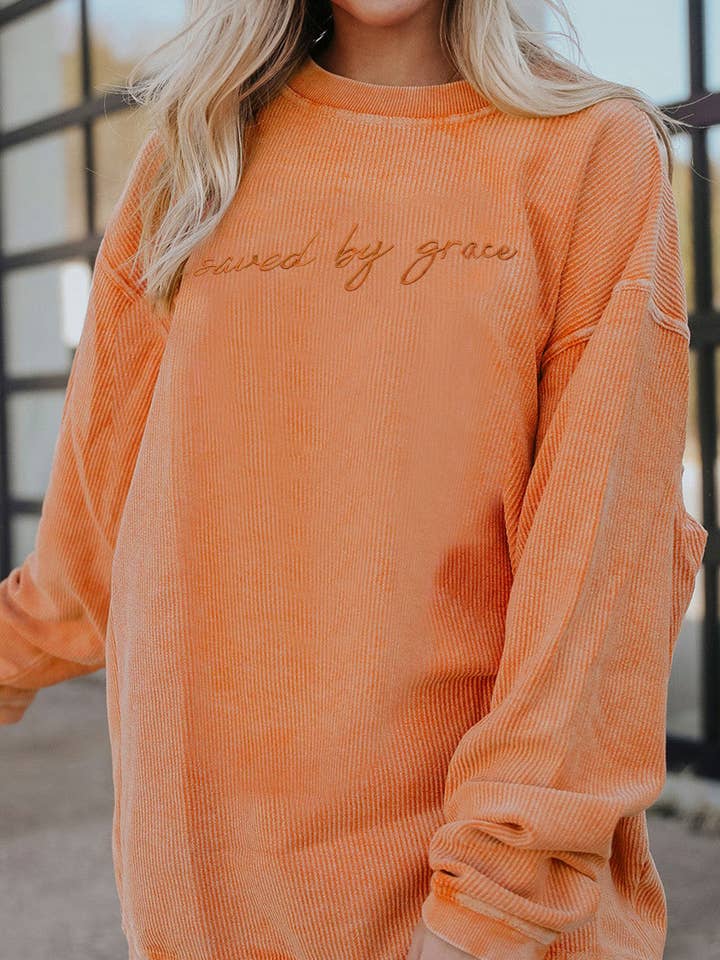 Suhkasana - Vente Sweat-shirt – femme - Pull à col rond en grosse maille brodé "sauvé par la grâce"13