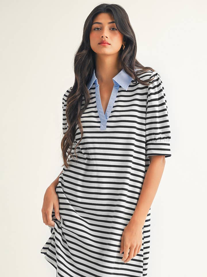 Black LDC Stripe Contrast V Neck Collared T Shirt Mini Dress for wholesale on Faire