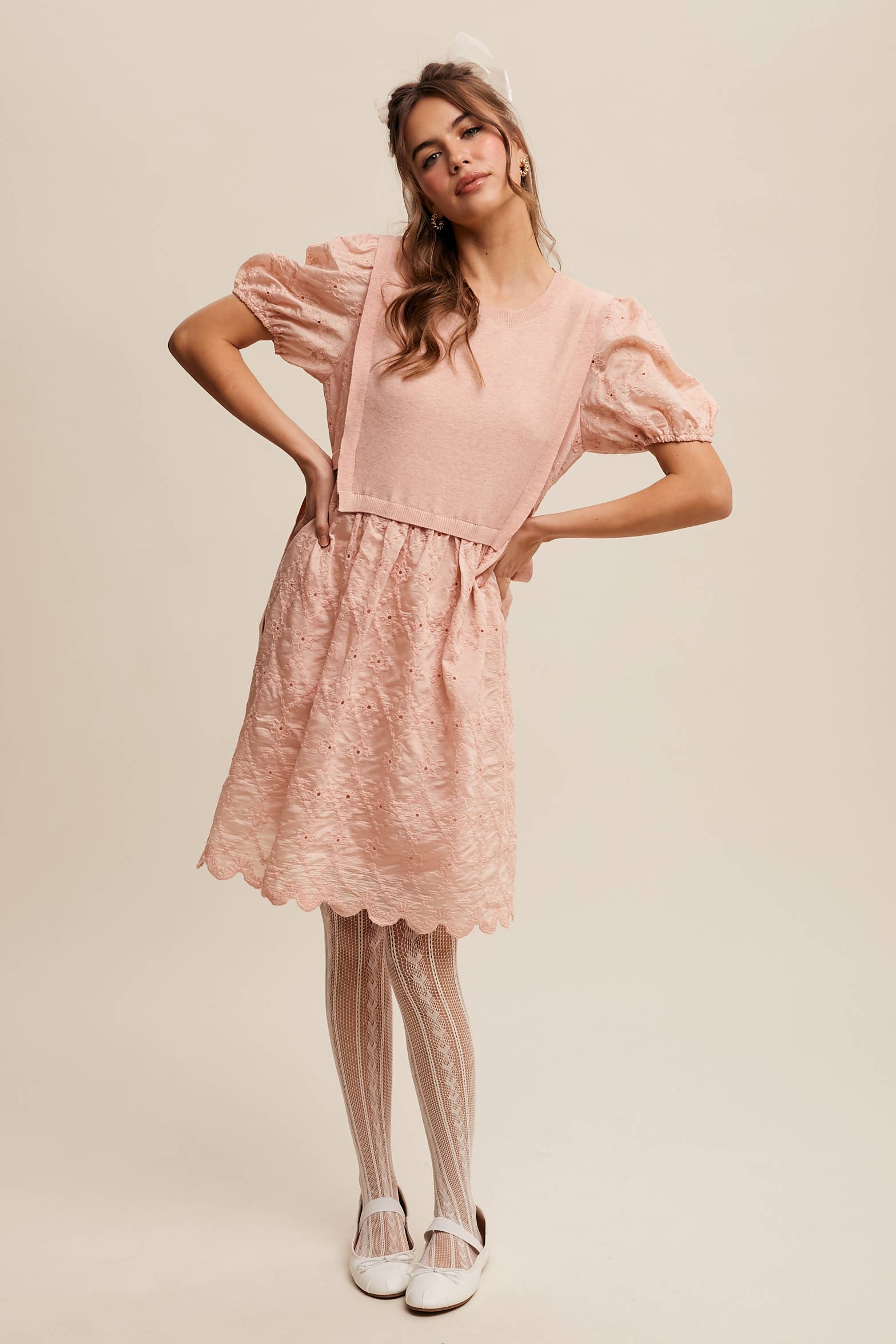 Listicle - Wholesale Dress - Women's - Embroidered Puff Sleeve Dress with Knit Vest8