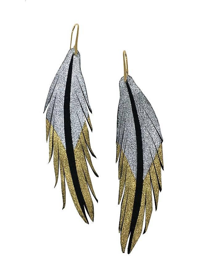 Short Feather Leather Earrings - Pewter Gold Black Suede for wholesale by The Supply Society