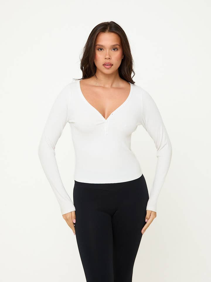 Modal côtelé à manches longues basique - Blanc - Sunde pour la vente par Sunde