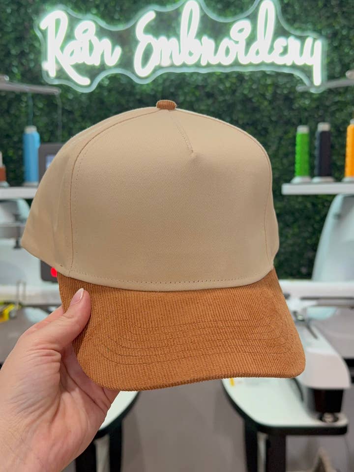 Camel Corduroy Bill Trucker Hat (blank) for wholesale by Rain Embroidery