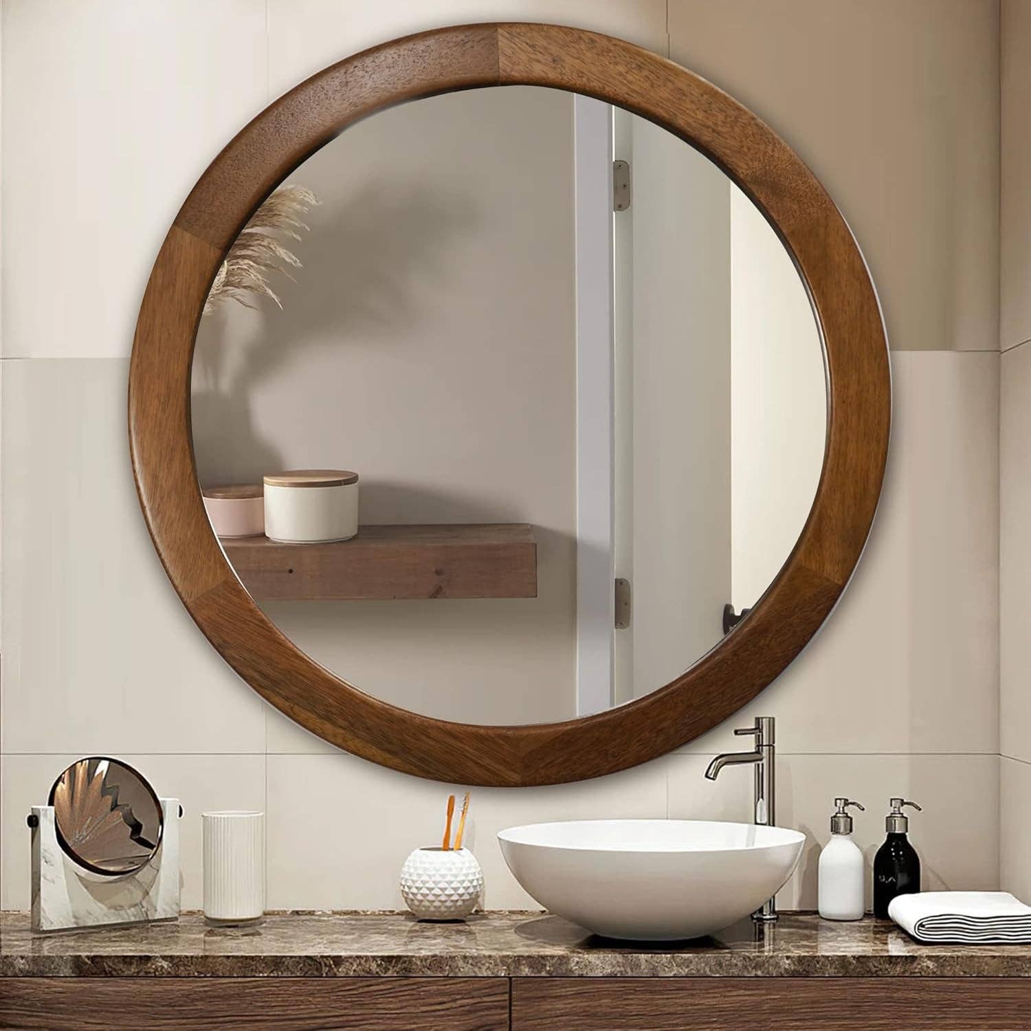 30 Inch Walnut Round Wall Mirror Rustic Style for wholesale on Faire2
