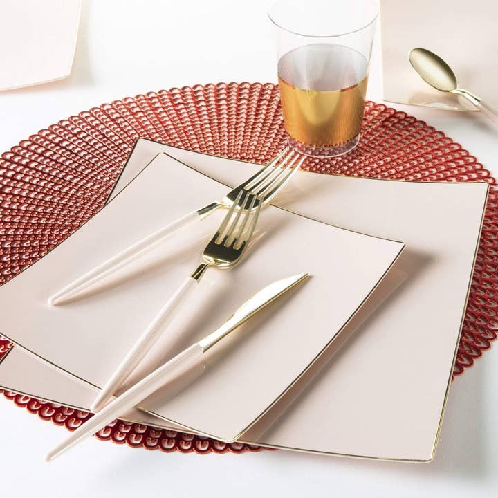 Square Coupe Blush • Gold Plastic Plates | 10 Pack for wholesale by Luxe Party