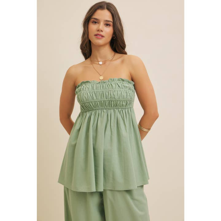 in february - Wholesale Blouse - Women's - VISCOSE LINEN RUCHED STRAPLESS TUBE TUNIC TOP