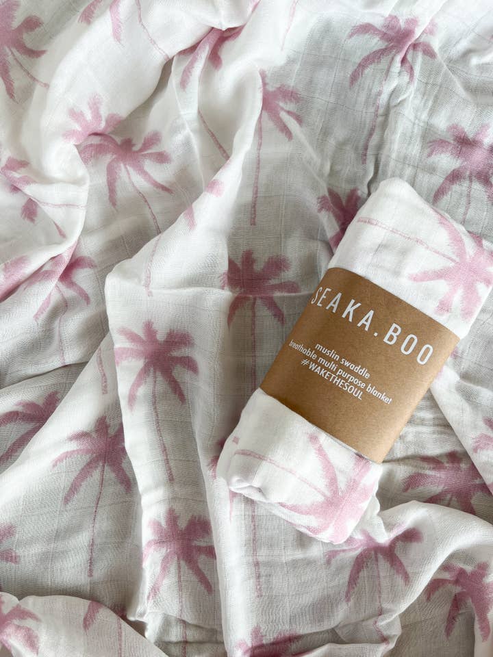 Seaka Boo - Wholesale Swaddle - Baby - WRAP ~ Bamboo/Cotton ~ Pink Palm Tree