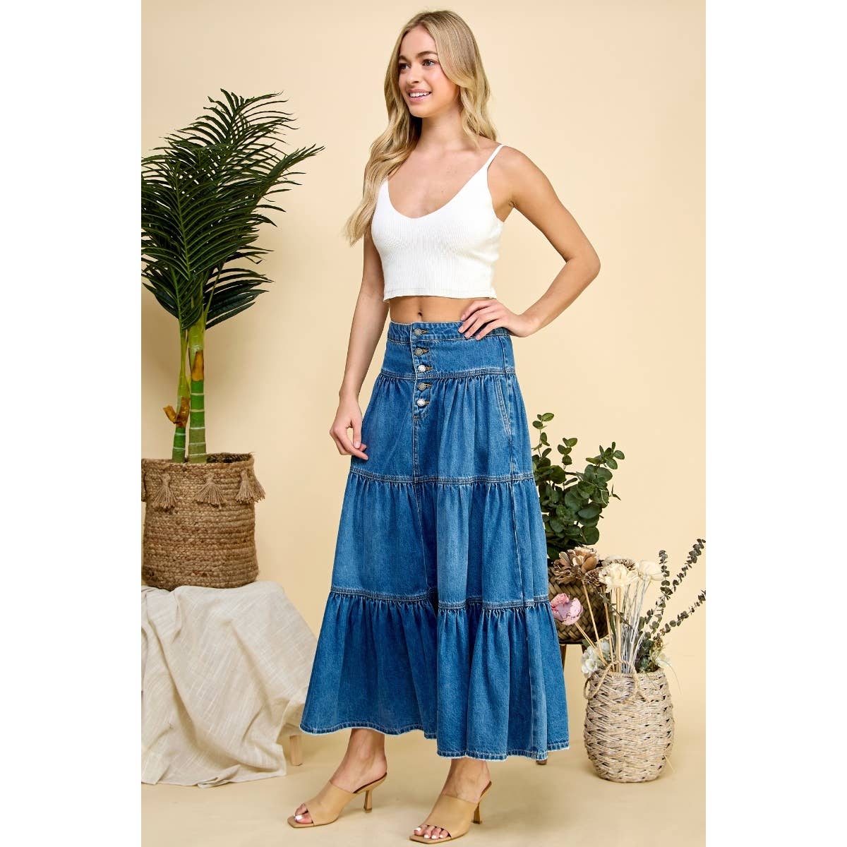 Med Wash Front Button 3 tiered Denim Skirt for wholesale on Faire5
