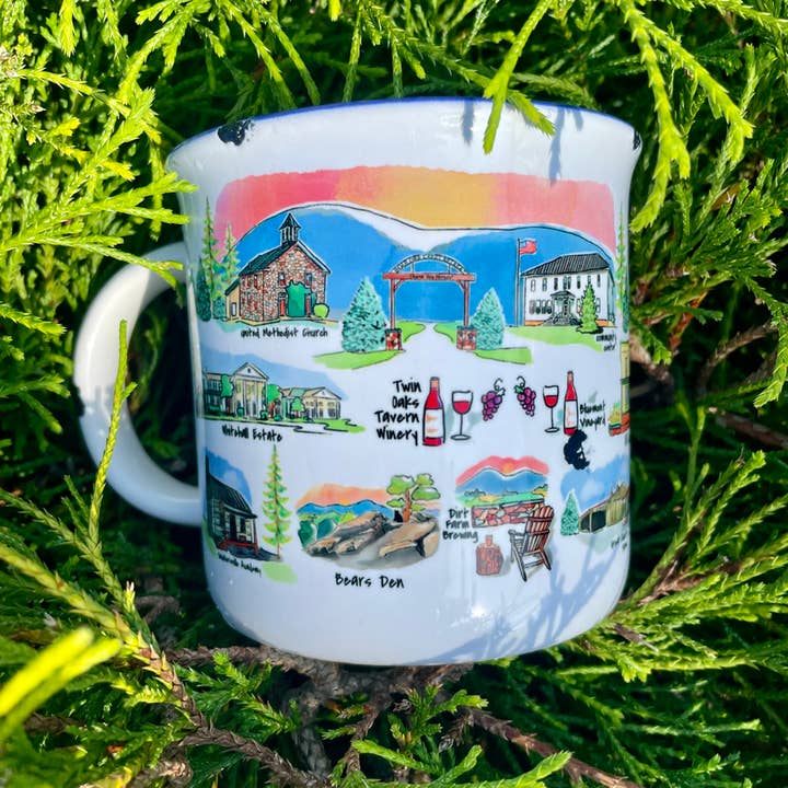 Sweetgum Studio - Wholesale Coffee Mug - Stoneware Distressed Mug with Blue Trim 14 oz.30