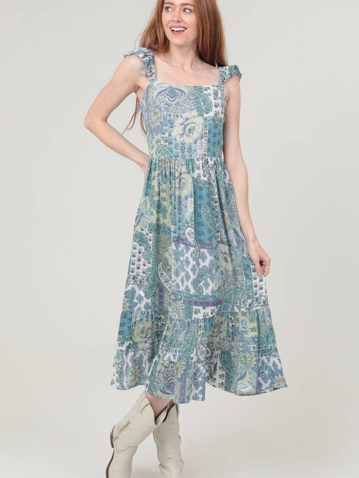 C4E99-W909 FLUTTER SLEEVE MIDI DRESS for wholesale by ANGIE