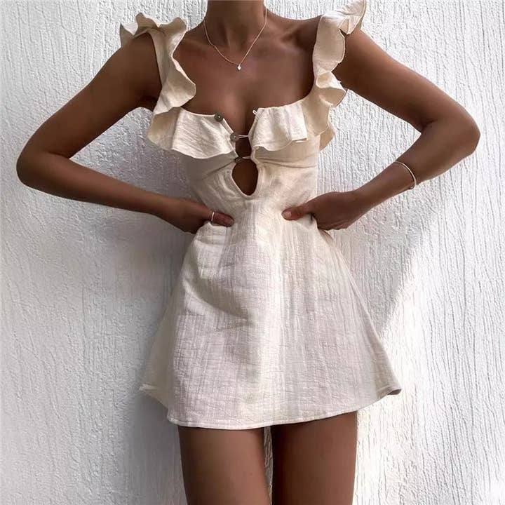 Bohemian Style Leaf Edged Halter Mini Dress for wholesale by Sheer Trend