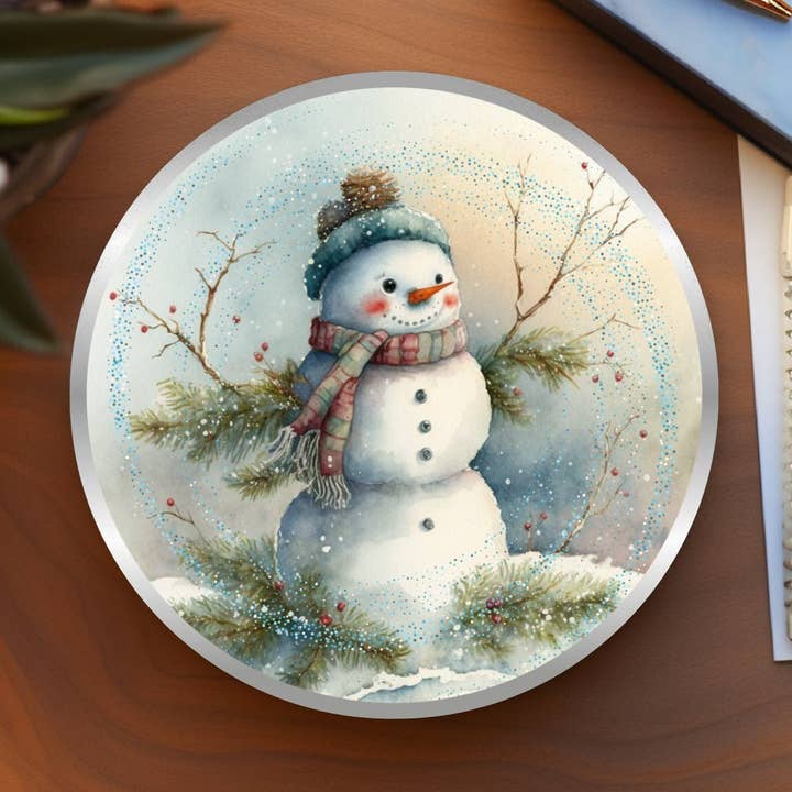 Sous-verre bonhomme de neige en céramique d'hiver pour décoration de table basse pour la vente par Fernville Creations