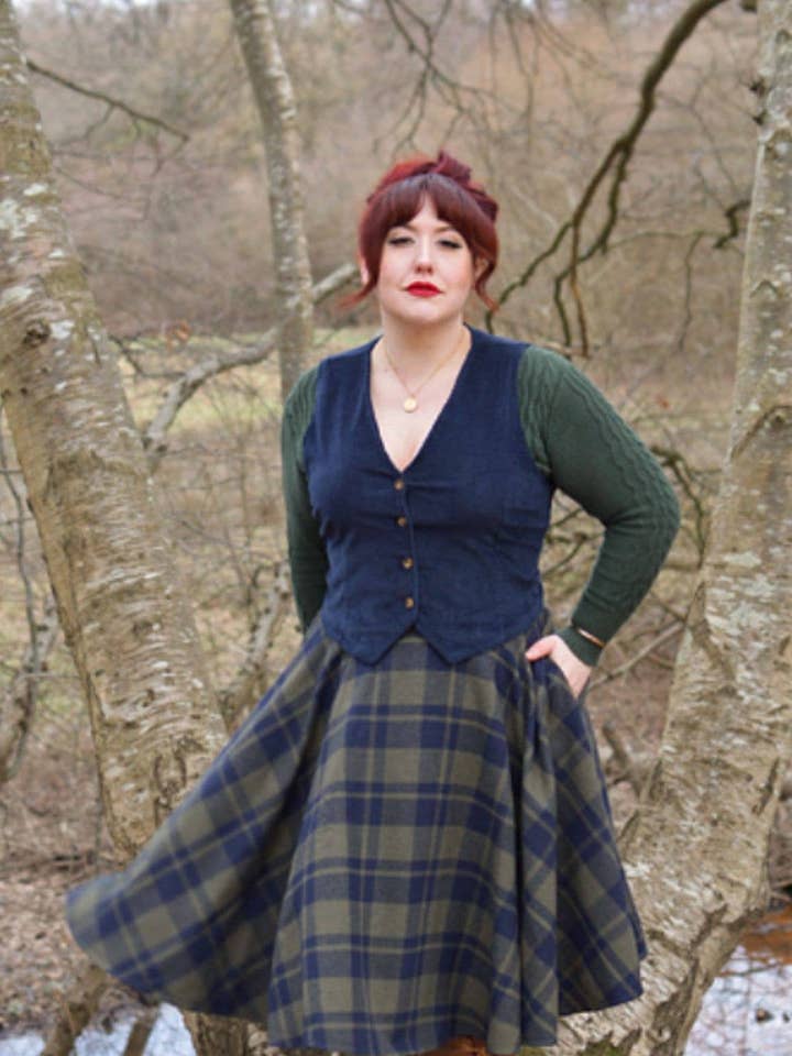 Sophie Sage Green Woollen Check Tartan Midi Swing Skirt for wholesale by Timeless London