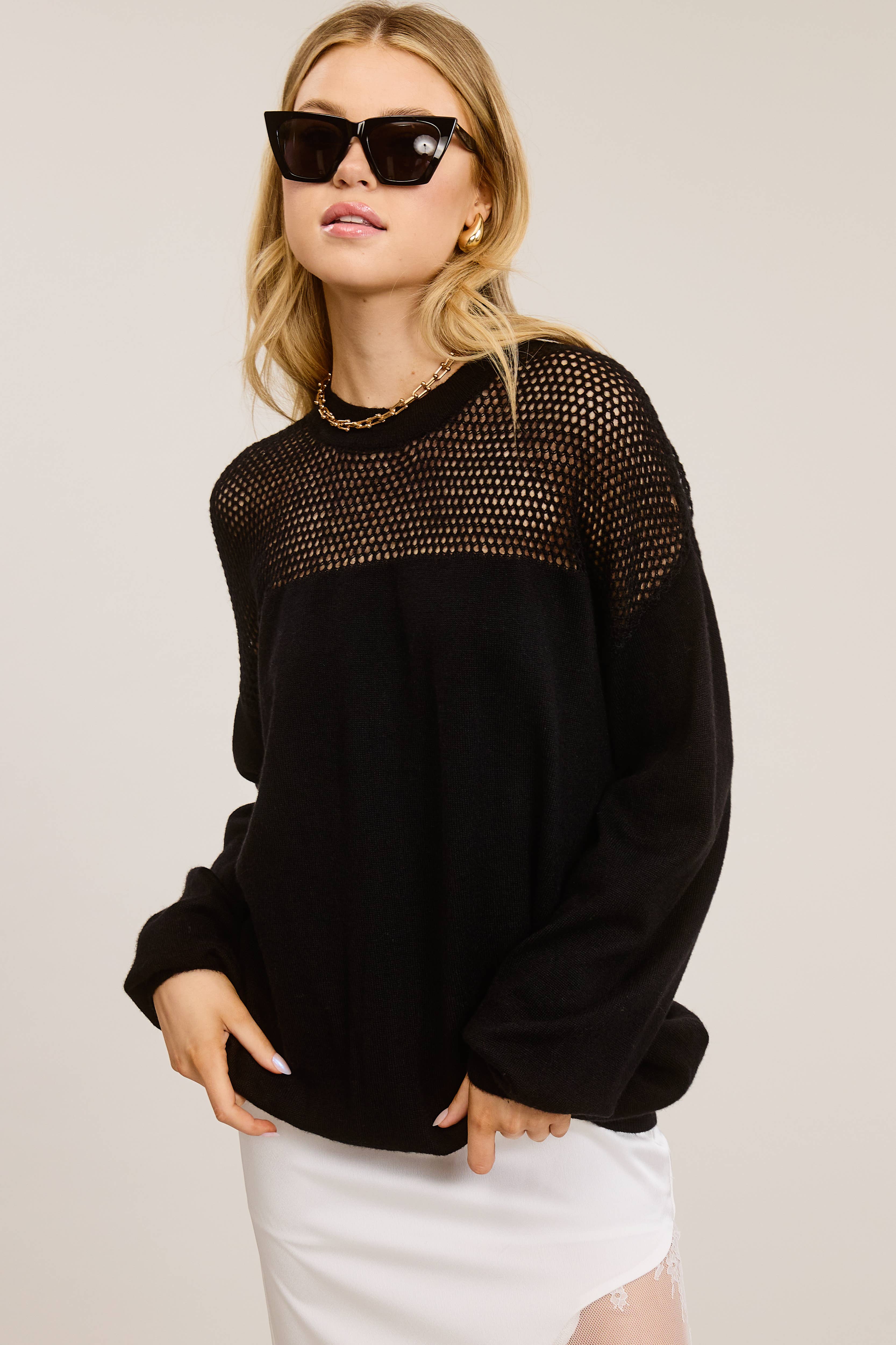 Mimosa - Wholesale Knit Sweater - Women's - Crochet Mesh Long Sleeve Knit Sweater7