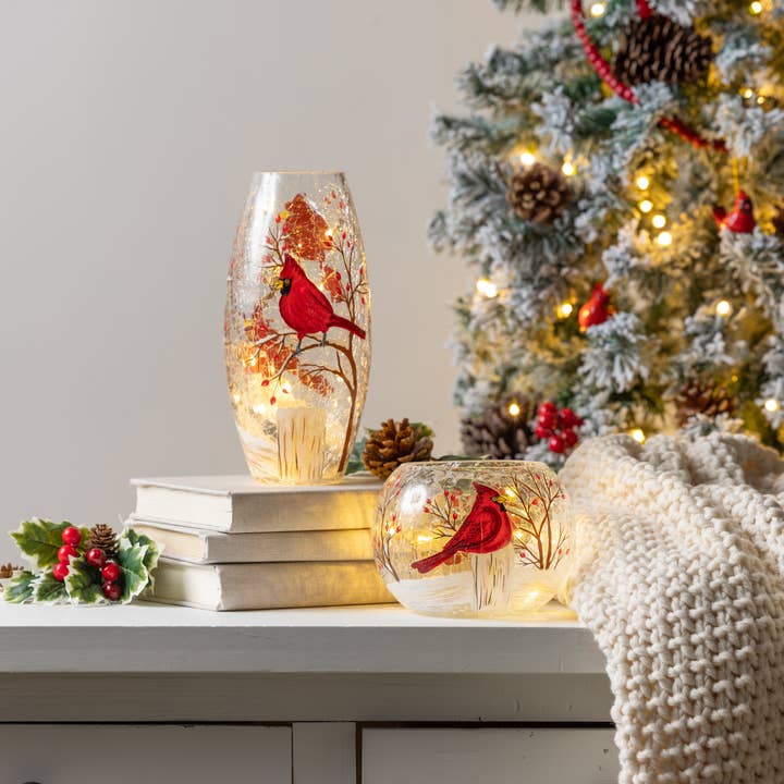Transpac - Wholesale Vase - Glass Light Up Hand Painted Cardinal Vase Decor