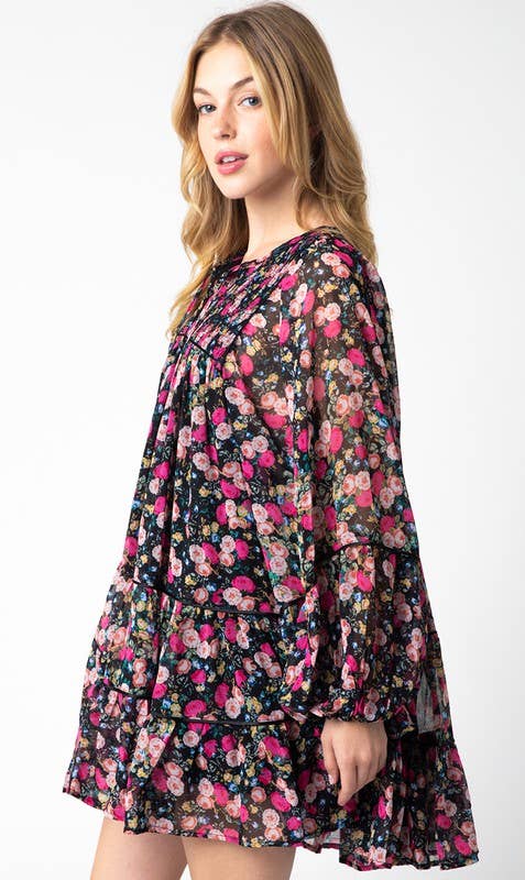 Zwart roze bloem Chiara-jurk voor groothandel op Faire2