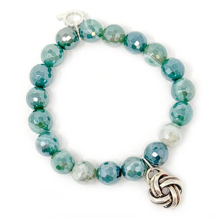 10mm Gefacetteerde Iriserende Groene Gestreepte Agaat met Keltische Knoop voor wholesale door PowerBeads by jen