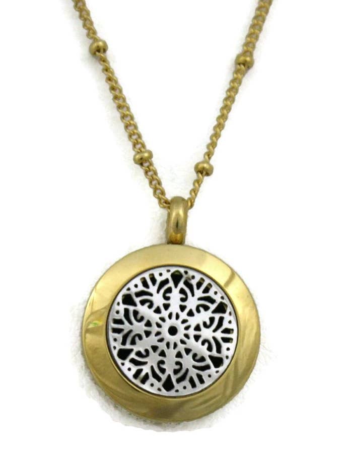 Duet Silver & Gold Small Essential Oil Diffuser Necklace for wholesale by Destination Oils
