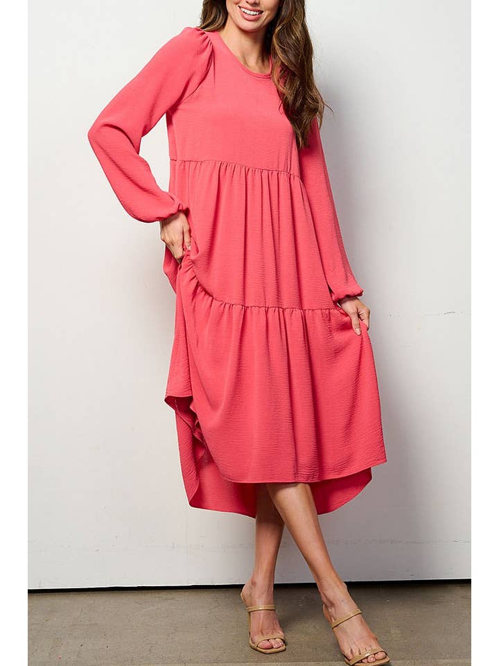 ROUSSEAU - Wholesale Dress - Women's - LONG SLEEVE TIERED HIGH-LOW MIDI DRESS