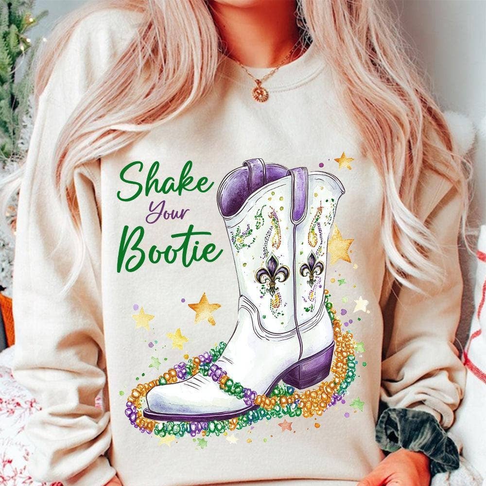 NVC Ecommerce LLC - Wholesale T-Shirt (Graphic) - Women's - Shake Your Bootie Shirt, Mardi Gras Cowboy Boot Sweatshirt1