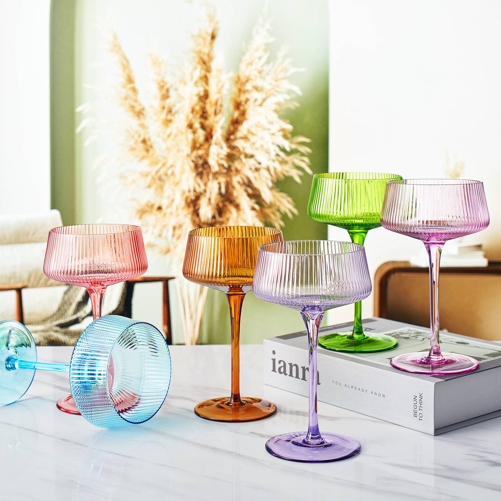 The Wine Savant /  Khen Glassware - Vente Verres à cocktail/alcool - Verres à coupe côtelée vintage | 7,5 oz | Ensemble de 63