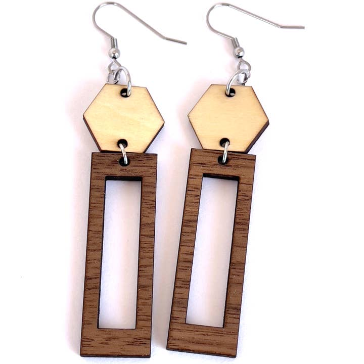 Hexagon and Rectangle Wooden Earrings for wholesale by Arbor Drift Designs